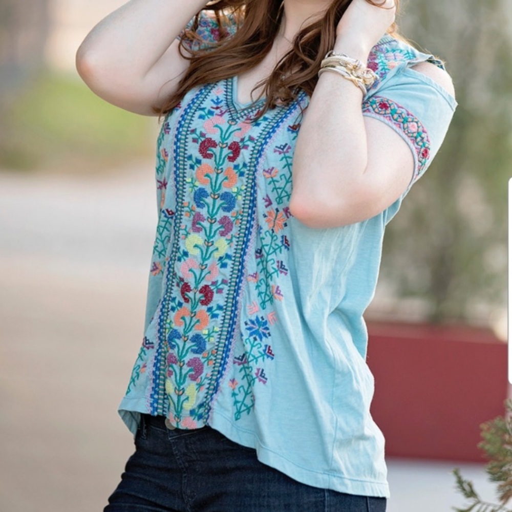Johnny Was Clover Cold Shoulder Turquoise Top